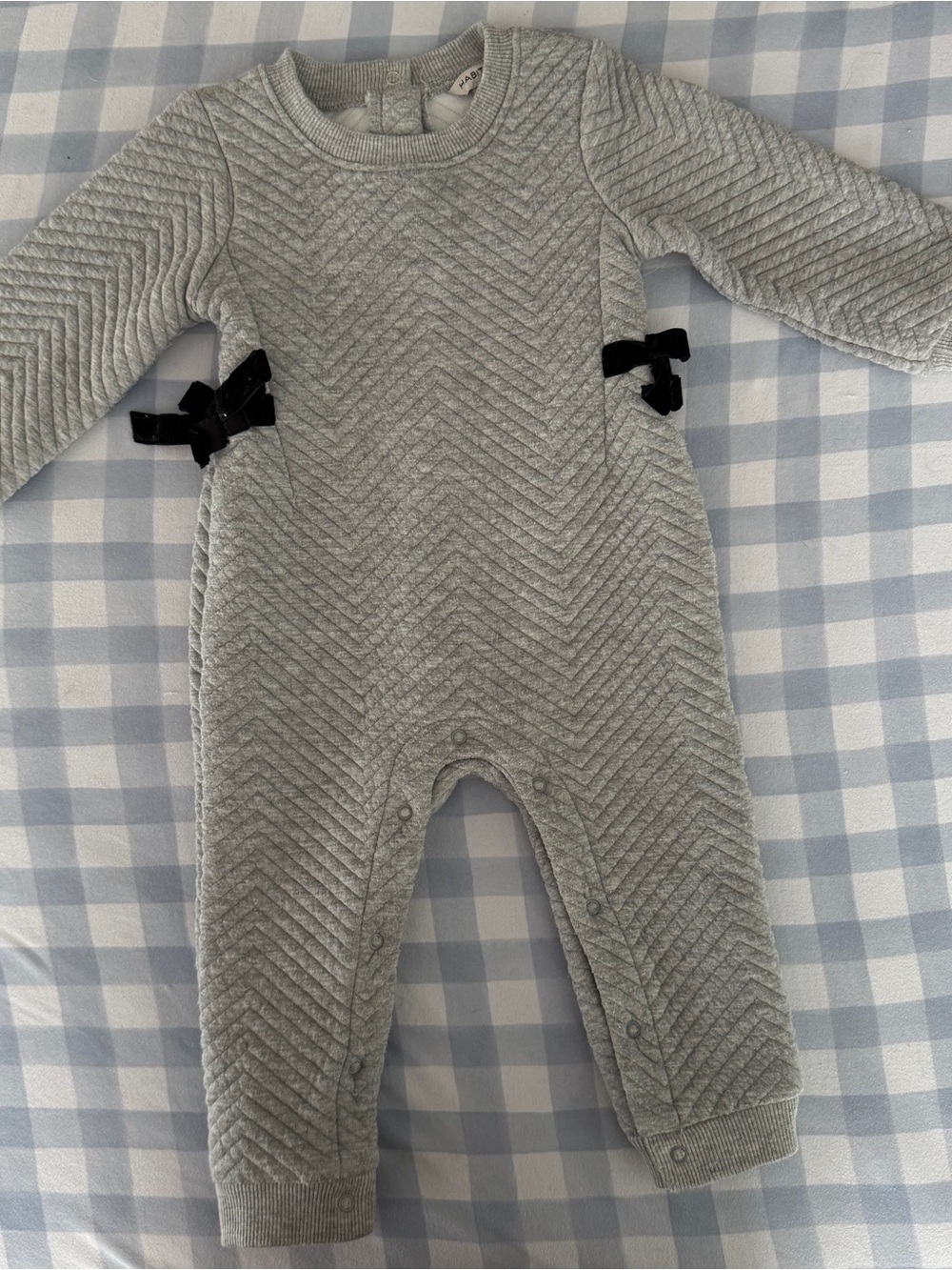 Habitual Quilted One-Piece Footie in Light Gray with Black Bows